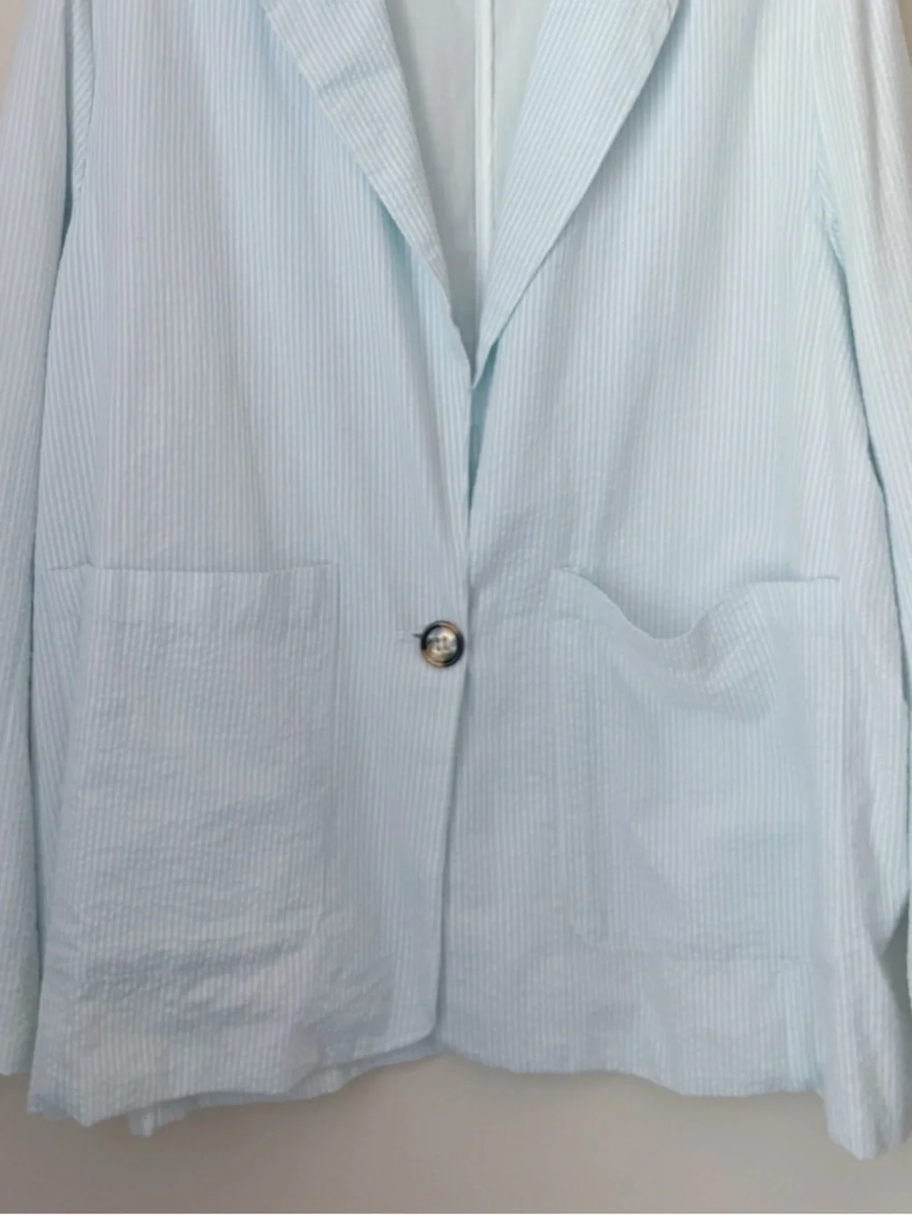 Holly Shae Blue Seersucker Striped Blazer Jacket Large XL Preppy Summer